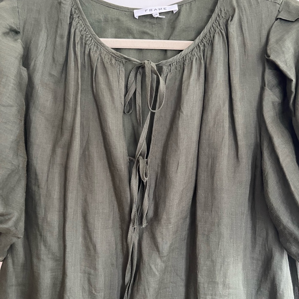 FRAME moss green tie neck front puff sleeve linen maxi dress - Picture 5 of 9